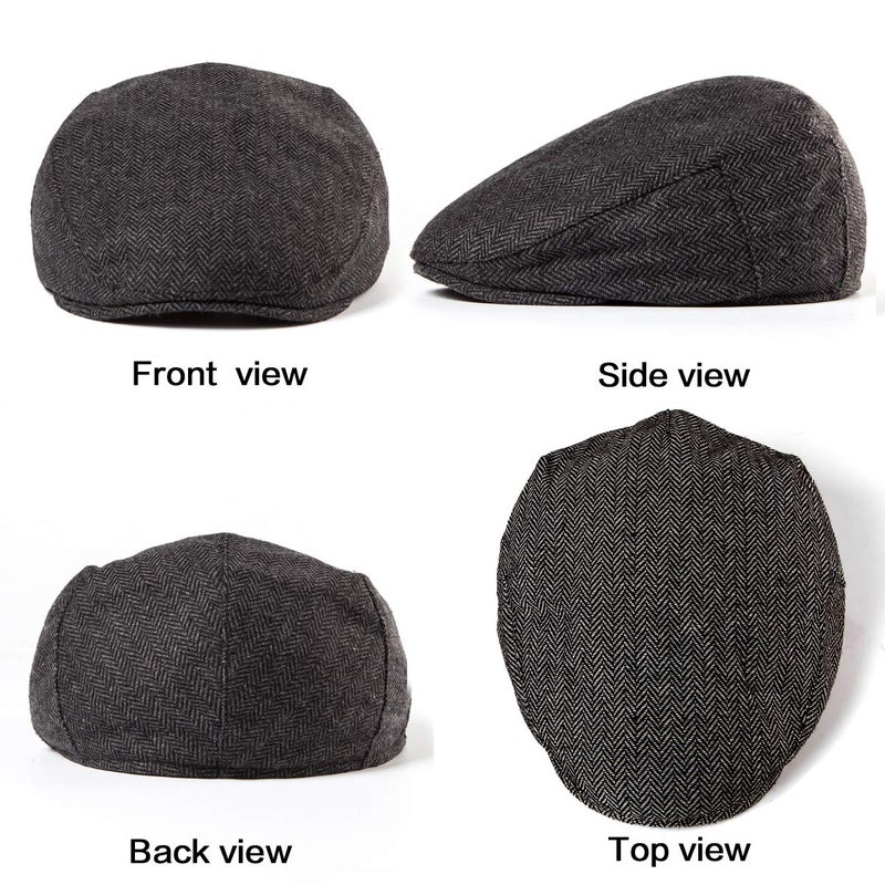 LADYBRO Newsboy Cap for Men - Black Herringbone Tweed Wool Blend Cabbie Newsboy Ivy Hat - Image 5